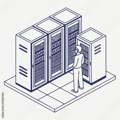 Vector art of isometric illustration of a technician working in a server room, highlighting data center operations, perfect for illustrating it and cloud services