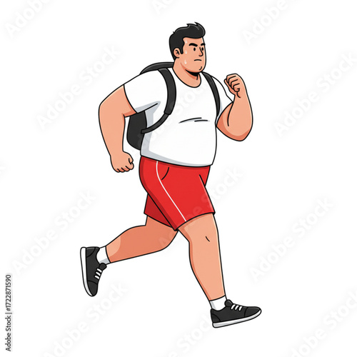 Cartoon illustration of an overweight man walking with backpack in sportswear, fitness and health concept showing exercise, outdoor activity, body positivity, weight loss