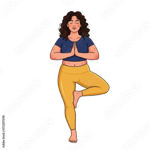 Cartoon illustration of an overweight woman practicing yoga tree pose with hands in prayer position, fitness and body positivity concept showing balance, meditation, sport activity