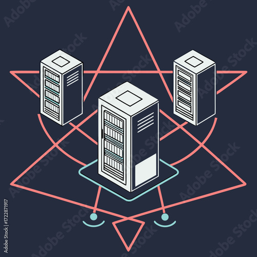 Vector art of isometric illustration of server racks, arranged in a geometric pattern, symbolizing interconnected data networks and advanced technological infrastructure