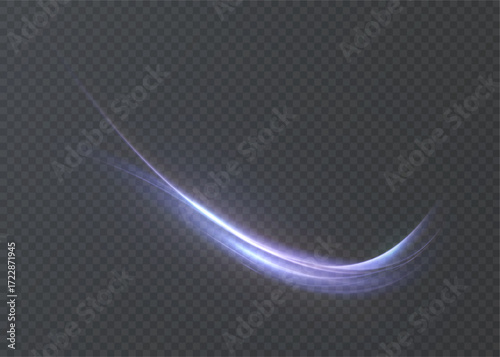 A bright curved stroke of light with a bright purple glow and bright edges on a transparent background.