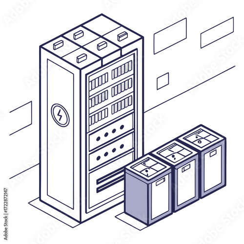 Vector art of isometric illustration of a server room setup featuring a server rack and battery backups, showcasing data center infrastructure, power solutions, and it equipment