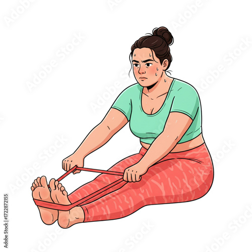 Cartoon illustration of an overweight woman exercising with resistance band in seated forward stretch, fitness and body positivity concept showing flexibility, training, sport activity