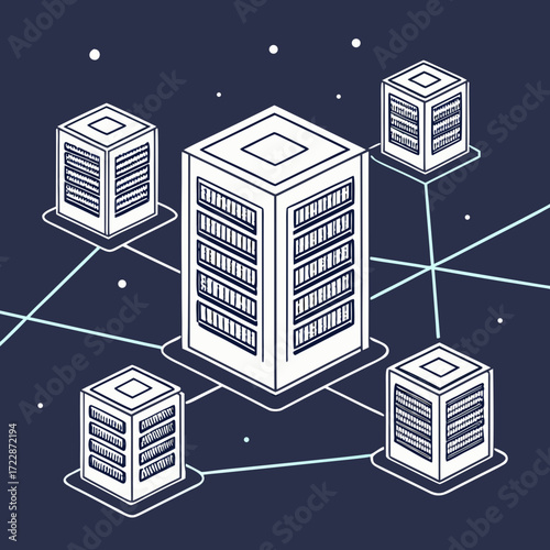 Vector art of an isometric illustration of interconnected server blocks, representing a network of data storage and processing units