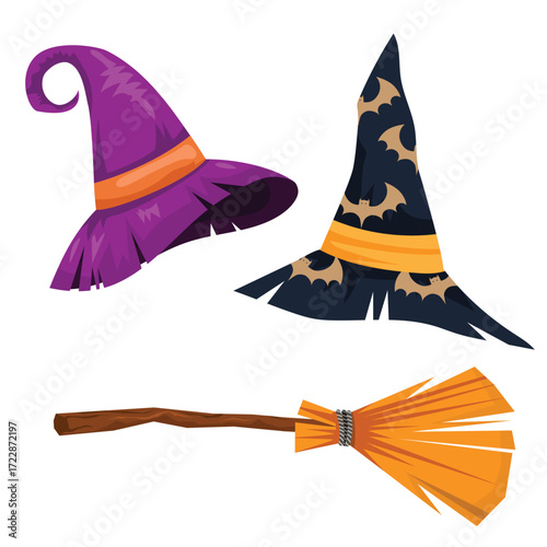 The set of witch hat and broomstick illustrations is designed in a mystical Halloween style, bringing a sense of magic and mystery. The image of the typical pointed hat and classic broomstick reminds 