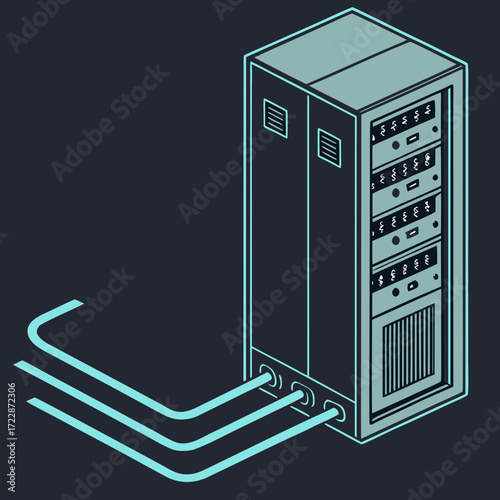 Vector art of server tower with cable connections, a central component in data centers a stylized representation of computing and information technology infrastructure