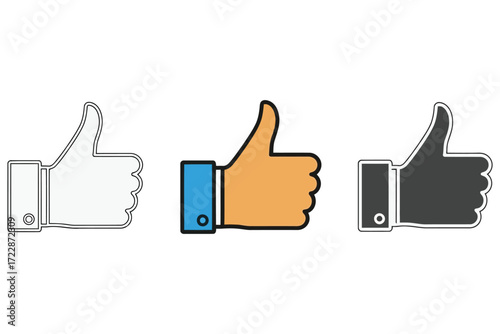 Vector art of three thumbs up icons in different colors the first is white with a black outline, the second is orange with a blue sleeve, and the third is black