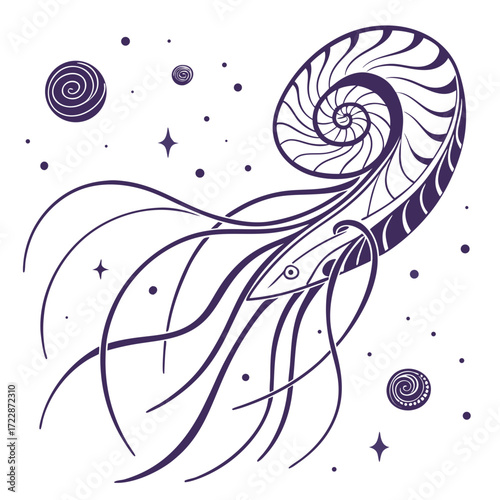 Illustration of a nautilus with flowing tentacles, surrounded by celestial bodies, creating a whimsical and ethereal design perfect for fantasy themes