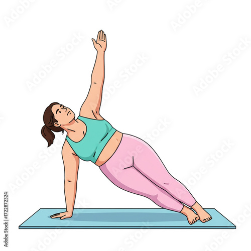 Cartoon illustration of an overweight woman practicing yoga side plank pose on mat, fitness and body positivity concept showing exercise, strength, sport activity