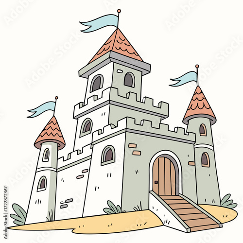 Vector art of a whimsical cartoon castle with turrets, flags, and a charming entrance, evoking a sense of fairytale adventure and medieval enchantment