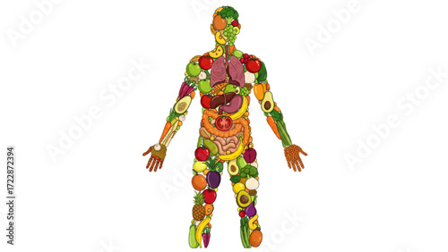 Advanced Vibrant Human Body Anatomy Made of Healthy Fruits and Vegetables - Nutritional Wellness Illustration