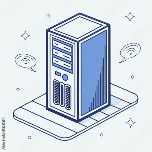 Vector art of isometric illustration of a server tower on a rectangular platform, highlighting network connectivity and data transmission, perfect for it and telecom projects