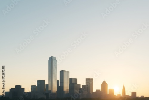 Modern city skyline with tall buildings under soft sunrise light and minimalistic sky background for urban concept and creative copyspace use. Ai generative