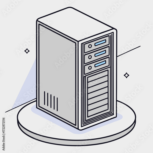 Vector art of isometric illustration of a server tower on a round platform, showcasing data storage and processing capabilities, ideal for tech and business presentations