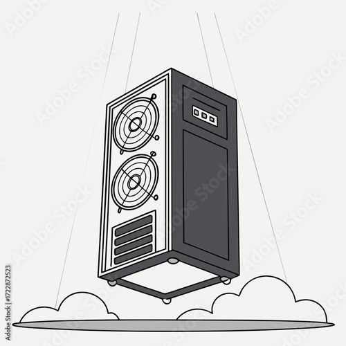 Vector art of isometric illustration of a server tower suspended above clouds, symbolizing cloud computing and data accessibility, great for tech and cloud service ads