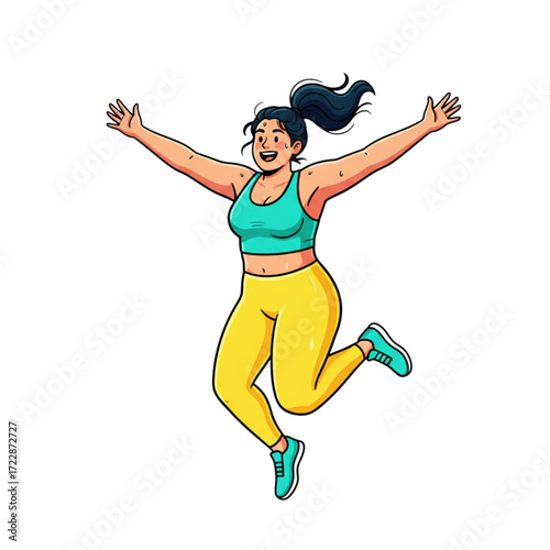 Cartoon illustration of an overweight woman jumping with joy in sportswear, fitness and body positivity concept showing happy exercise, sport activity, weight loss