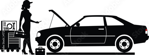 Silhouette of female mechanic working on car, woman holding toolbox and dipstick, car maintenance scene with tool cabinet