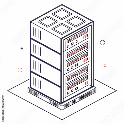 Vector art of a single server rack is depicted in a line drawing, showcasing data center infrastructure and network connections, the illustration is simple