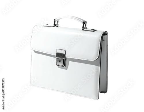 A pristine white leather briefcase with silver hardware, a classic rectangular shape, and a top handle
