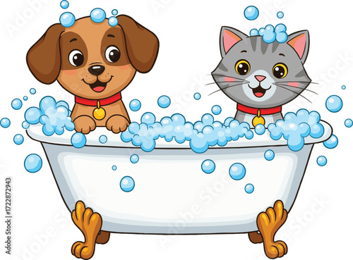 Cartoon puppy and kitten in bathtub, cute pet hygiene illustration, playful animal artwork, children’s book design, bubble bath mascot graphic
