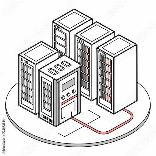 Vector art of isometric illustration of a server rack farm the server rack is a data center component used for networking, storage, and processing of data