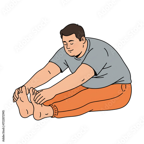 Cartoon illustration of an overweight man stretching forward to touch toes, fitness and health concept showing flexibility exercise, warm up, sport activity, body positivity