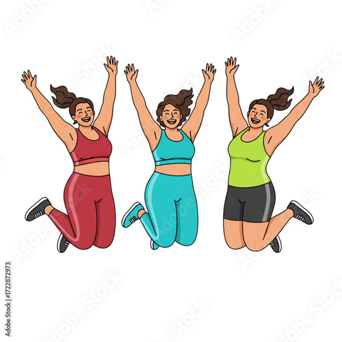 Cartoon illustration of three overweight women jumping with joy in sportswear, fitness and body positivity concept showing healthy lifestyle, exercise, sport activity, and teamwork design isolated 