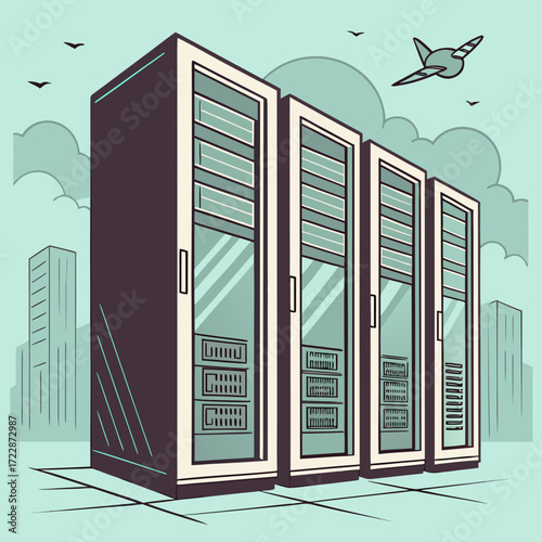 Vector art of a cartoon illustration showcases a server rack farm with a city skyline and airplane in the background, symbolizing data management, cloud computing, and modern technology solutions