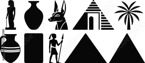 Ancient Egypt silhouettes, black and white vector, pyramids and Anubis, Egyptian gods, cultural icons, archaeology art, history design, decorative illustration, stock image, heritage symbol