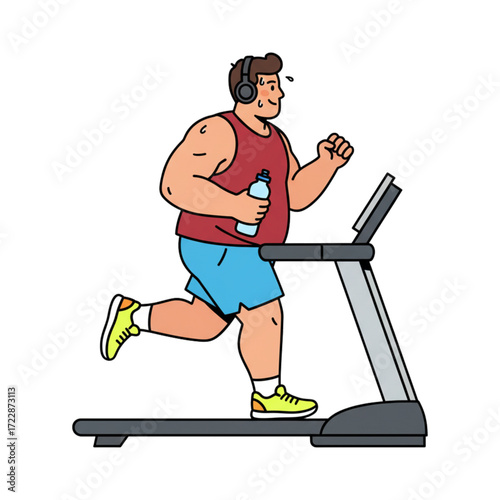 Cartoon illustration of an overweight man running on a treadmill with headphones and water bottle, fitness and health concept showing gym workout, sport activity, weight loss