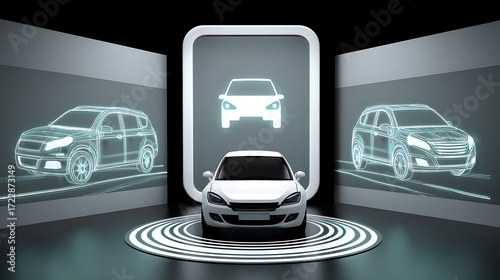 Digital car visualization in a futuristic showroom with holographic displays and a central vehicle on a circular platform