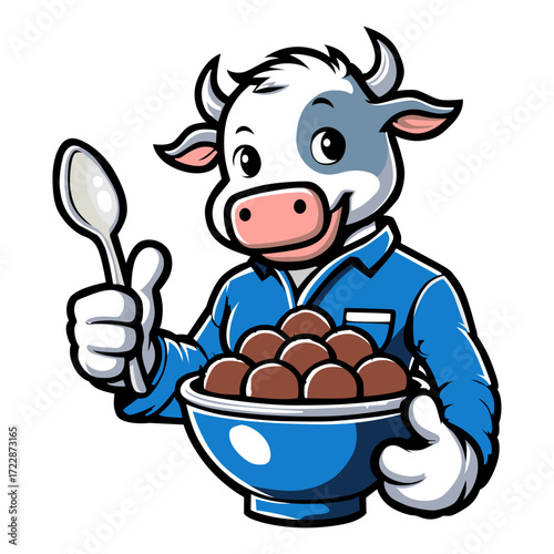 Happy Cow Mascot with Cereal Bowl and Spoon