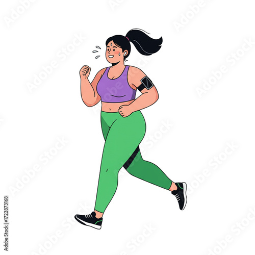 Cartoon illustration of an overweight woman jogging in sportswear, fitness and health concept showing running exercise, weight loss, sport activity, body positivity