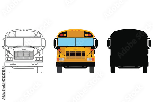 Vector art of school bus illustration three different styles outline, color, and silhouette transportation for students, education, and back to school concept