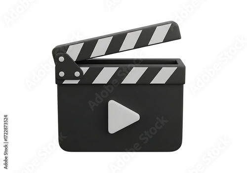 Illustration of a 3d render of a black movie clapperboard with a play button icon, isolated on transparent background on transparent background