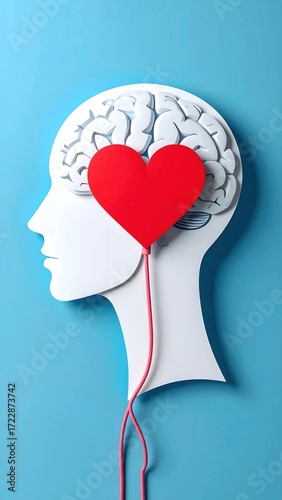 White paper cutout head with red heart in brain space, connected by a thin red cord on a plain light blue background