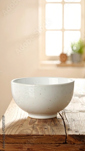 Wallpaper Mural White speckled bowl on wooden table Torontodigital.ca