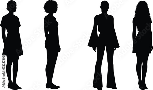 Silhouettes of four women standing, different poses, fashion diversity, modern female figures, casual style, confident posture, female form