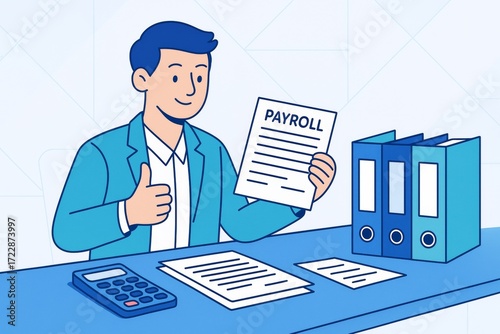 Smiling office worker holding payroll document with thumbs up at desk, next to folders and calculator on light abstract background. Ai generative. Ai generative