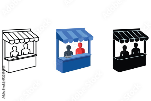 Vector art of market stall vector icon set illustration of a booth with a canopy and two people standing behind the counter, trade and commerce concept