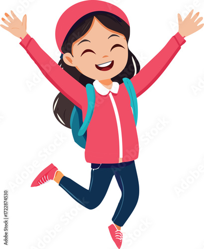 happy girl jumping against of mountains