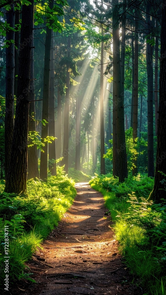 Obraz premium Sunlight streams through a tranquil forest path (1)