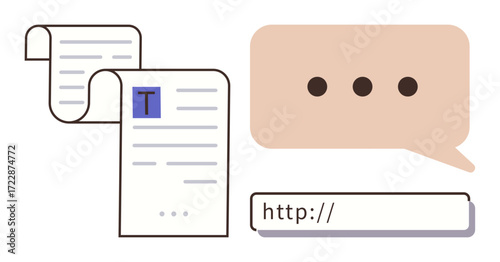Documents with text, speech bubble with ellipsis, and URL bar reflect online information sharing, messaging, and hyperlink usage. Ideal for internet, communication, media, writing networking