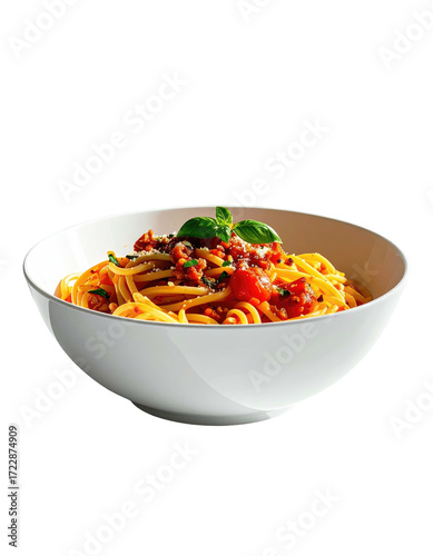 A white bowl filled with spaghetti in a rich tomato-based sauce, garnished with fresh basil