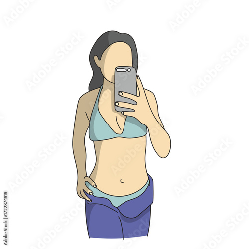 woman in bikini taking a selfie illustration vector hand drawn with black lines