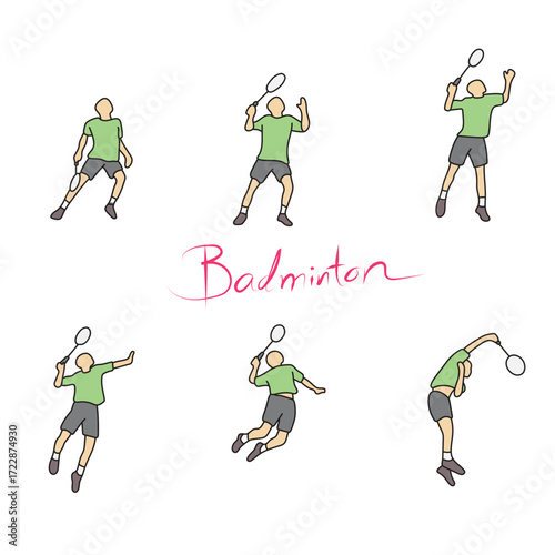 stop motion male badminton player doing smash shot illustration vector hand drawn with black lines