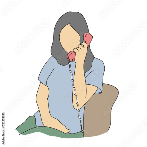 woman with long hair using vintage telephone illustration vector hand drawn with black lines
