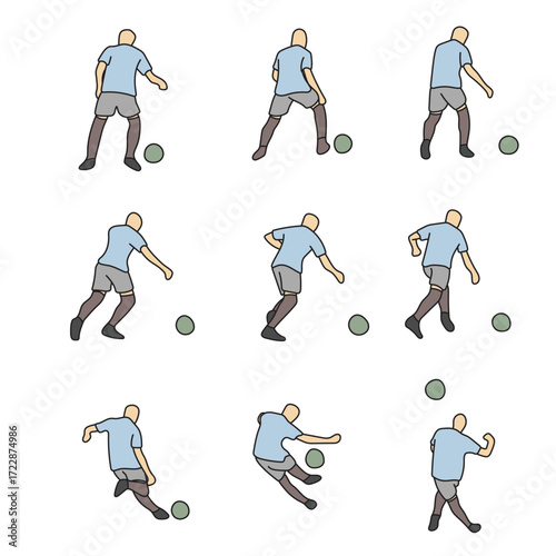 stop motion of soccer player kicking illustration vector hand drawn with black lines