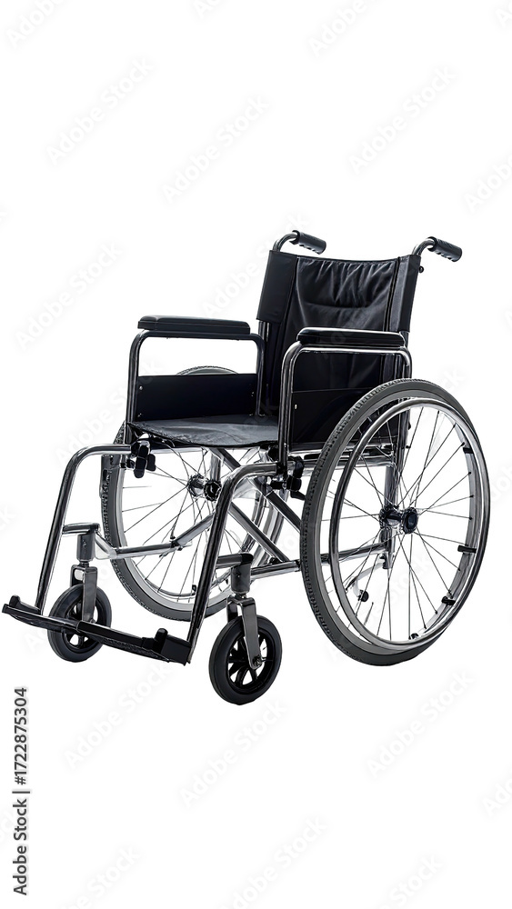 Fototapeta premium A dark gray manual wheelchair with black padded seat and backrest, large rear wheels, and smaller front wheels; angled slightly to the left