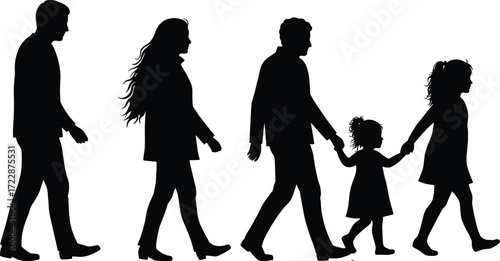 Silhouette of a walking family with parents and children holding hands, representing family unity, love, togetherness, and support in everyday life